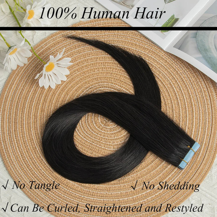 Straight tape-in hair extension laid on straw mat background with features listed: no shedding, no tangle.