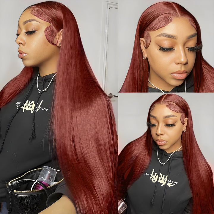 Detailed close-ups of EuxmeHair reddish brown straight wig on model, highlighting styled baby hair and sleek texture.