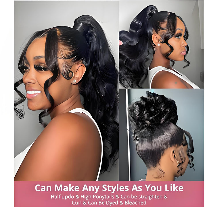 Versatile styling demo of 360 body wave lace wig, showing high ponytail, curly updo, and sleek bun possibilities.
