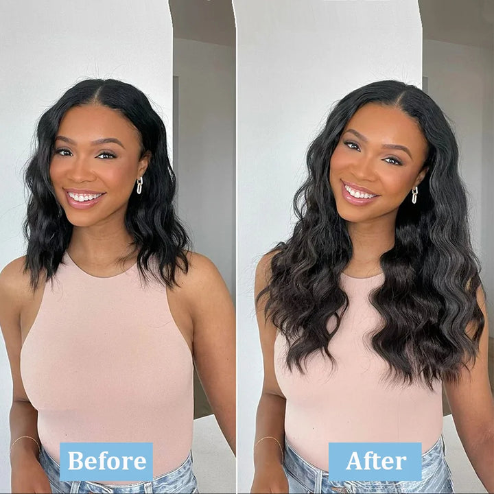 Before and after image of model using tape-in extensions, styled in loose wave pattern for a fuller look.