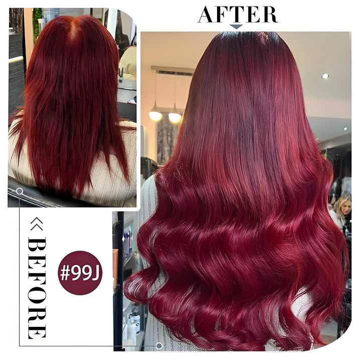 Before and after transformation using burgundy wine red tape in hair extensions, from short to long wavy hair.
