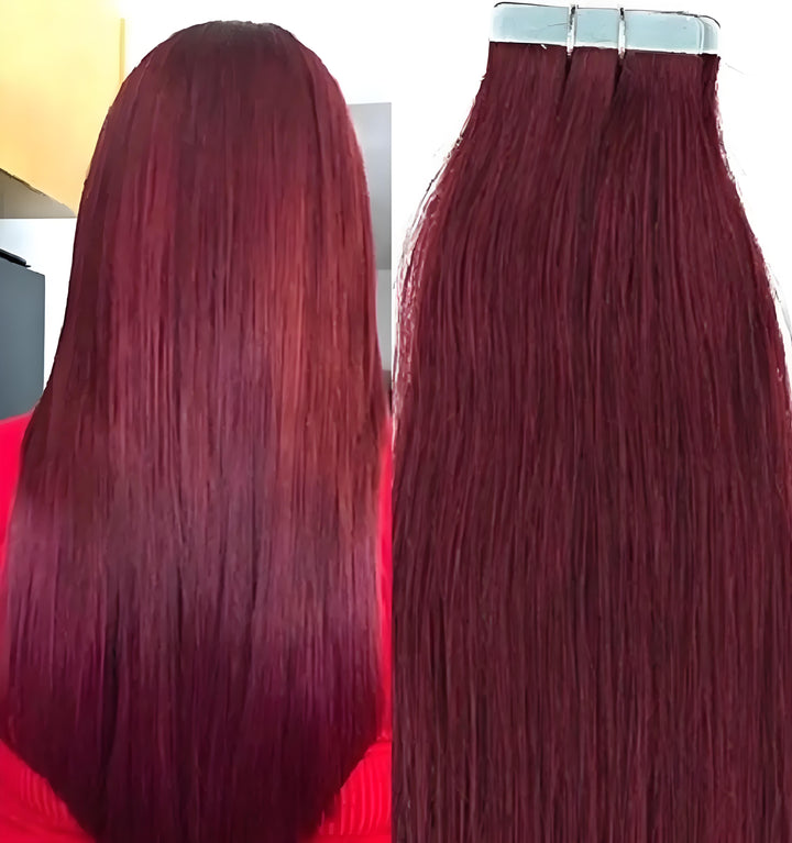 Long straight burgundy wine red tape in hair extensions installed on model, with matching product bundle view.