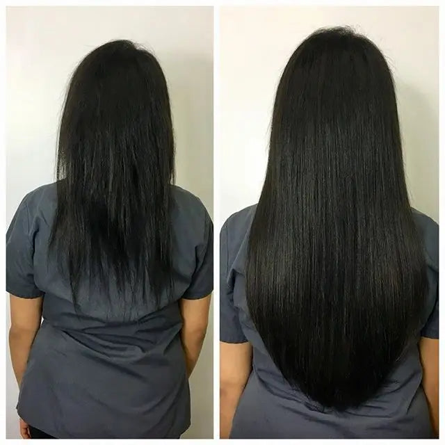 Before and after back view showing transformation using kinky straight tape-in extensions for added length and fullness.