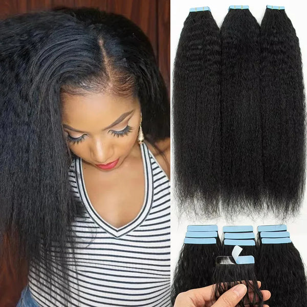 Model showing tape-in kinky straight extensions installed, viewed from top, blending naturally with her leave-out.