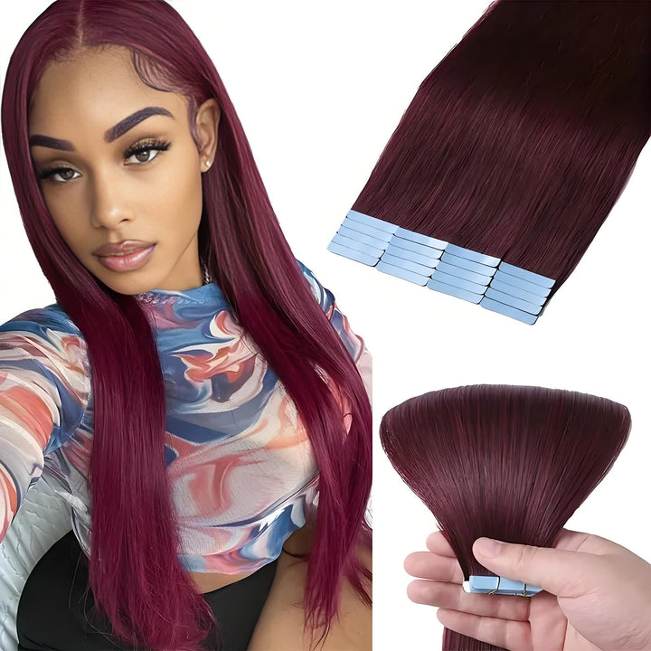Model wearing long straight burgundy wine red tape in hair extensions with close-up of adhesive strip details.