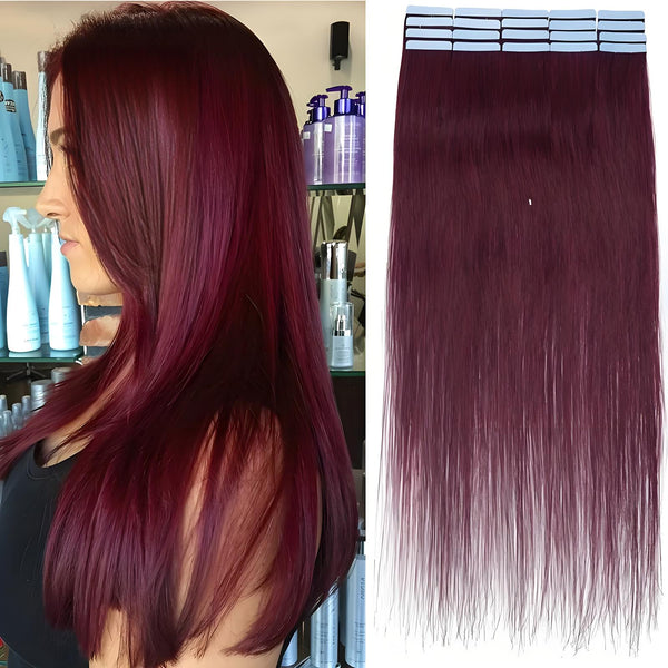 Side view of model wearing straight burgundy wine red tape in hair extensions and matching product display.