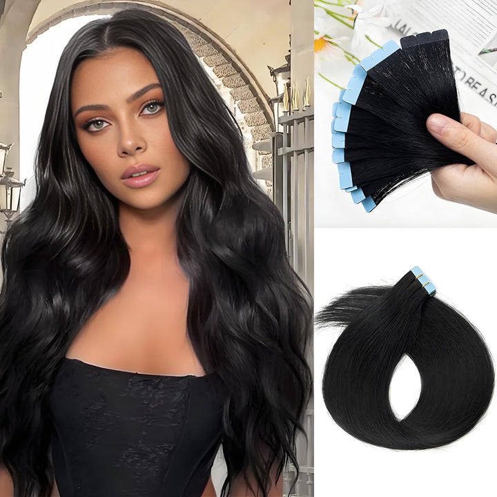 Model wearing long straight extensions alongside close-ups of tape tabs and bundle laid in a circle.