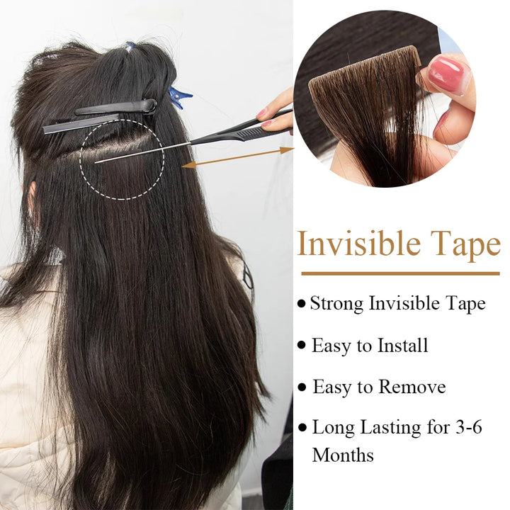 Installation of straight tape-in extensions showing invisible tape placement and easy application.