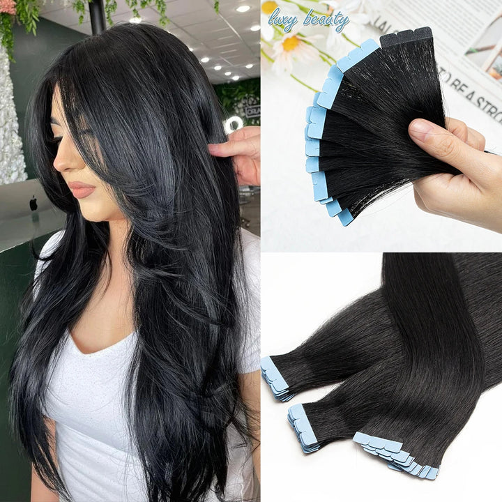 Model wearing tape-in straight extensions alongside close-up of handheld tape pieces in natural black.