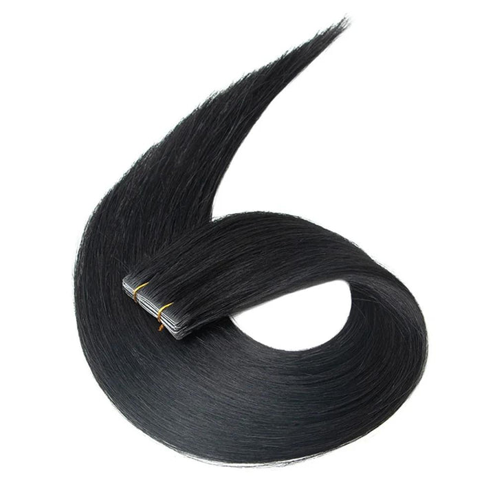 One full bundle of natural straight tape-in hair laid in circular flow pattern to show length and silkiness.