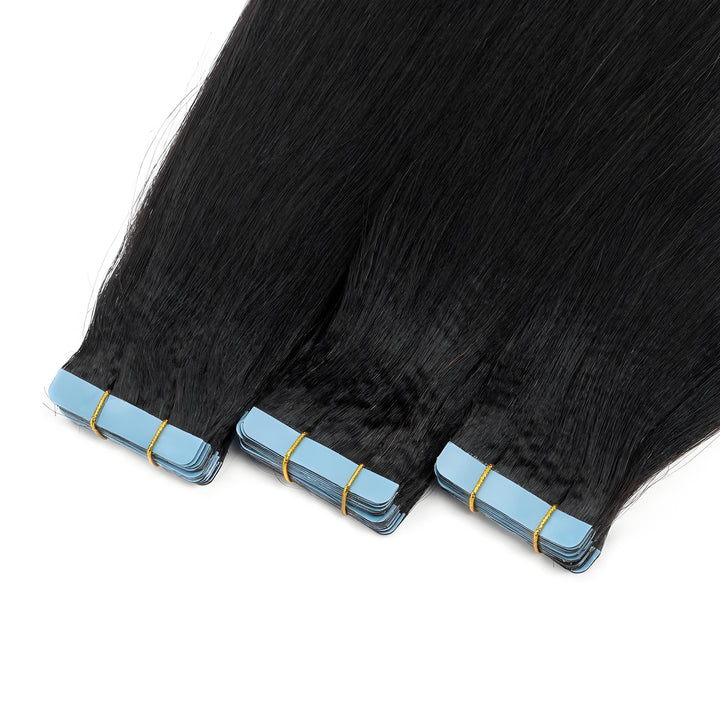 Three bundles of Yaki straight tape-in hair, secured in rows with blue tape backing, displayed in full group view.