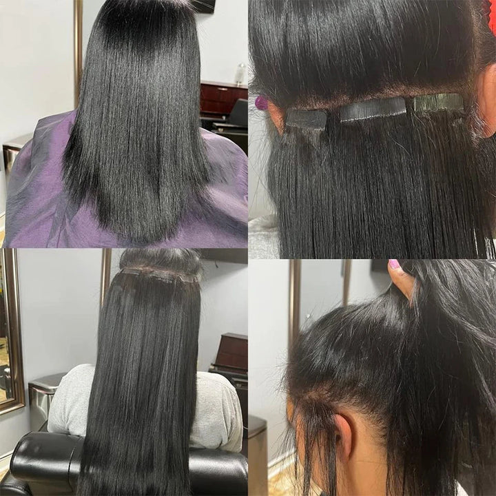 Four-step installation view of Yaki straight tape-in extensions from sectioning to full blend, showcasing secure and invisible placement.