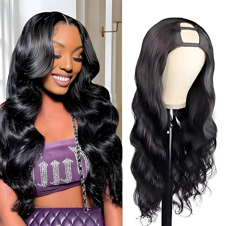 Long curly body wave U Part wig in natural color displayed on model and mannequin with front and side parting styles.