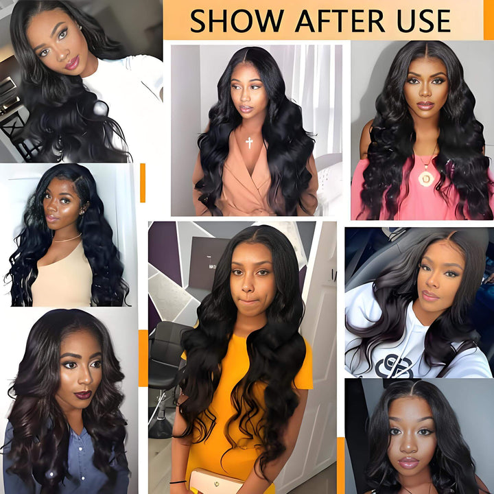 Long body wave U Part wig in natural color shown on different models, emphasizing flowing curls and glamorous finish.