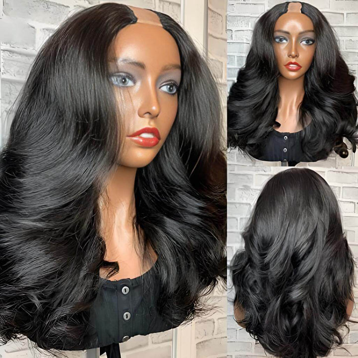 Body wave U Part wig in natural color shown on mannequin with front, side, and back views, highlighting voluminous curls.