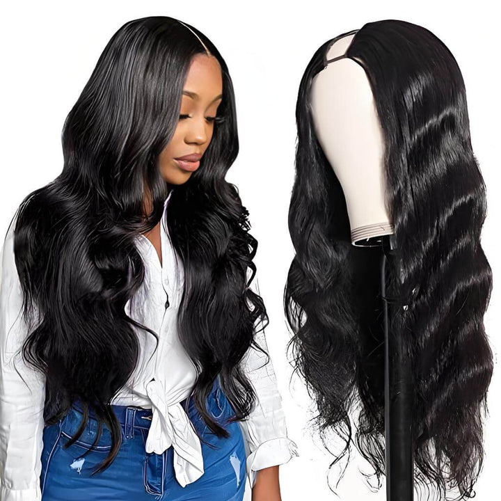 Natural color U Part wig in body wave texture displayed on model and mannequin, showing soft curls and middle part.