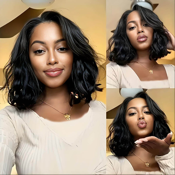 Model wearing natural color body wave U Part wig in short bob length, styled with side part for casual chic look.