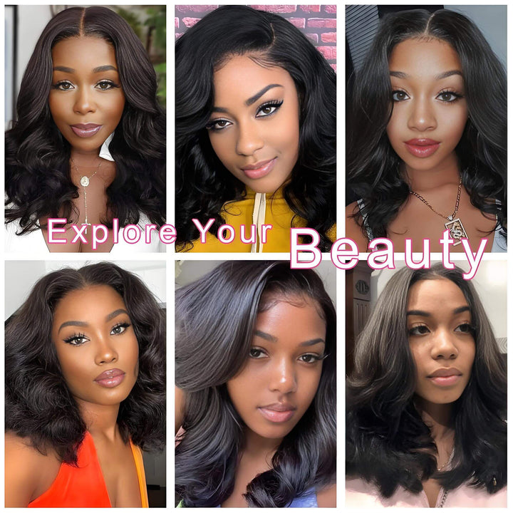 Multiple models showcasing natural color body wave U Part wig in various lengths, highlighting bounce and volume.