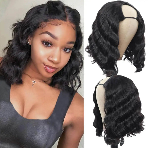 Short bob style U Part wig in natural color with body wave texture, displayed on model and mannequin head.