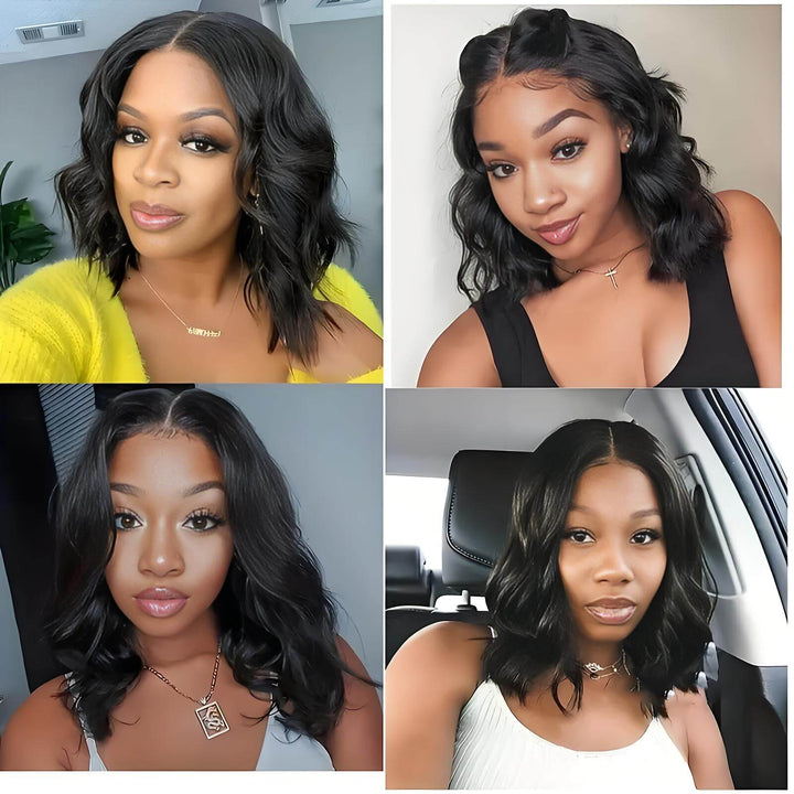 Short bob U Part wig in natural color with body wave texture, styled on different models for casual and elegant looks.
