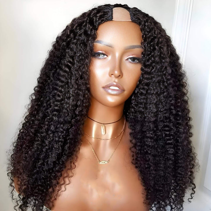 Close-up front view of U Part kinky curly wig in natural color, showing natural hairline and thick kinky curls.
