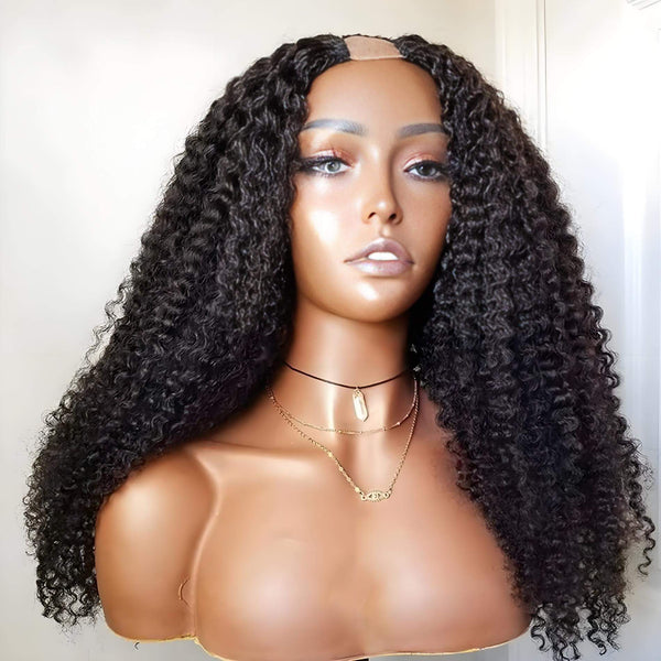 Front mannequin display of U Part kinky curly wig in natural color, showing defined afro curls and U shape opening.