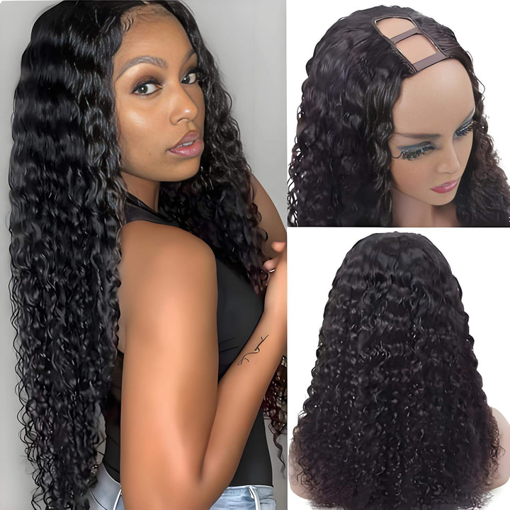 U Part kinky curly wig in natural color displayed on model and mannequin, showing long and medium length variations.