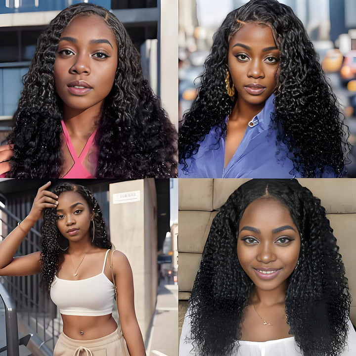 Collage of models wearing U Part kinky curly wig in natural color, showing versatile afro curly styles and natural look.