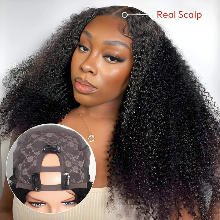 Model wearing kinky curly U Part wig in natural color, with inset cap detail showing real scalp effect and comb placements.
