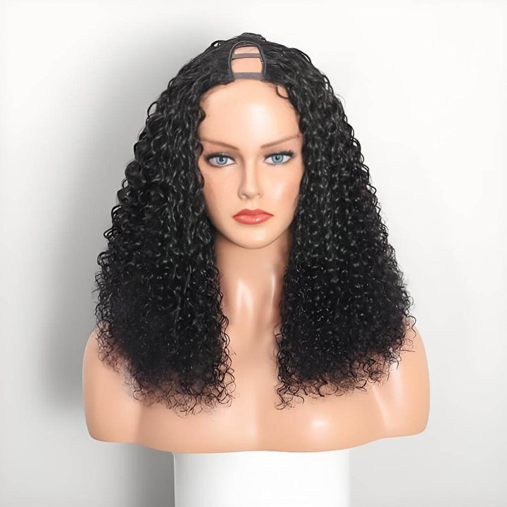 Short bob style U Part kinky curly wig in natural color on mannequin, with tight curls and U part opening at top.