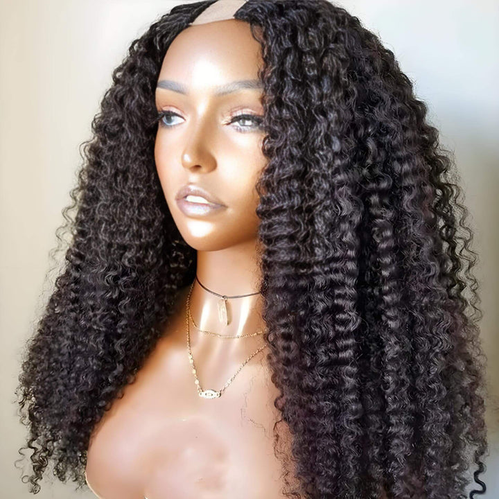 Side angle mannequin view of U Part kinky curly wig in natural color, highlighting voluminous curls and natural shine.