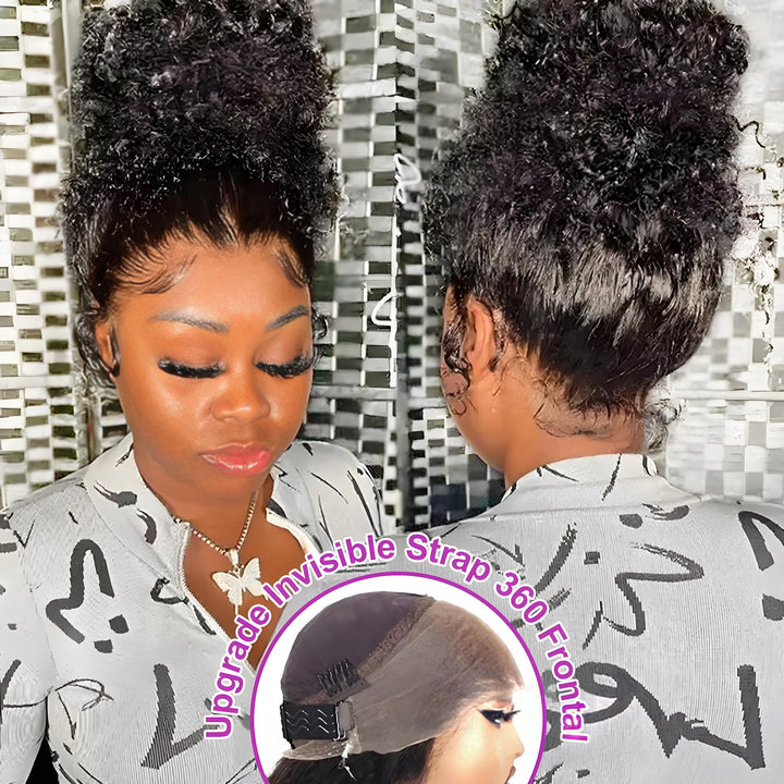Upgrade version of 360 lace wig with invisible strap shown on model in front and back views, emphasizing natural nape and secure fit.