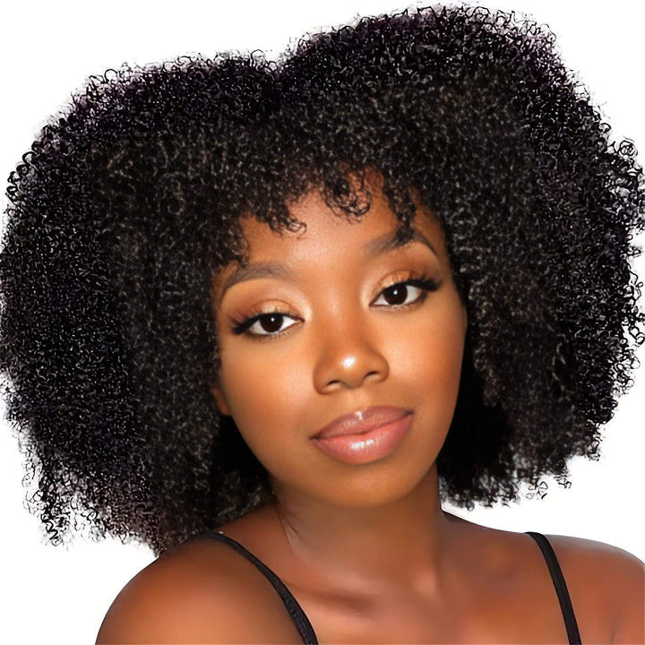Close-up beauty shot of Afro curly V Part wig in natural color, emphasizing defined curls and natural Afro texture.