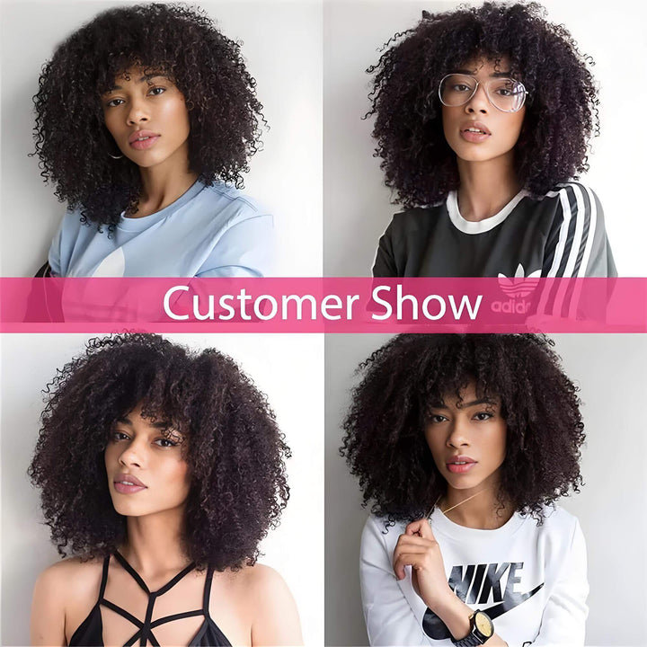 Customer showcase of Afro curly V Part wig in natural color, highlighting natural Afro curls in daily wear.