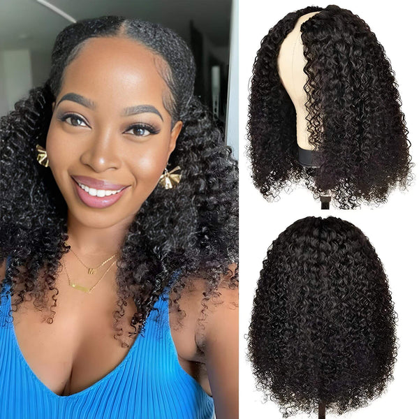 Afro curly V Part wig in natural color displayed on mannequin and worn by smiling model, showing front and back views.