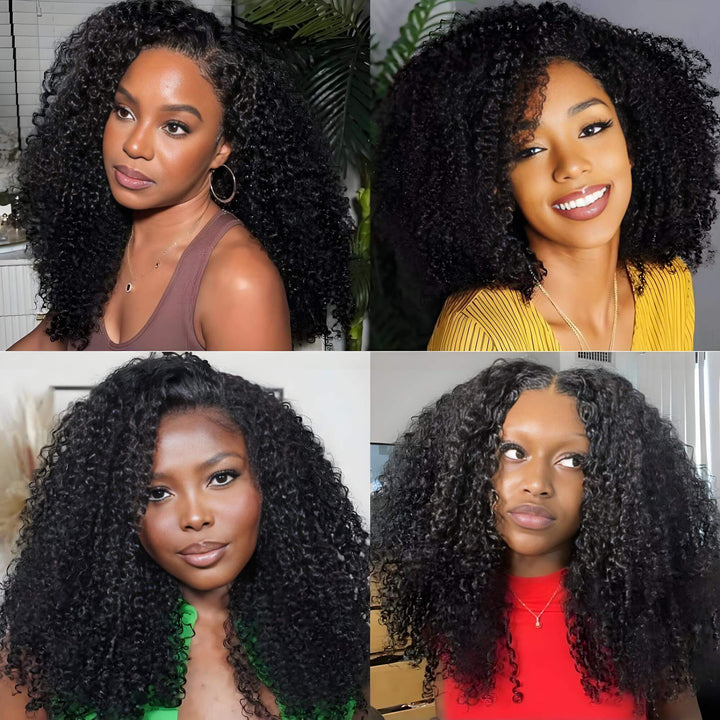 Afro curly V Part wig in natural color shown on multiple models, styled in different ways for versatile looks.