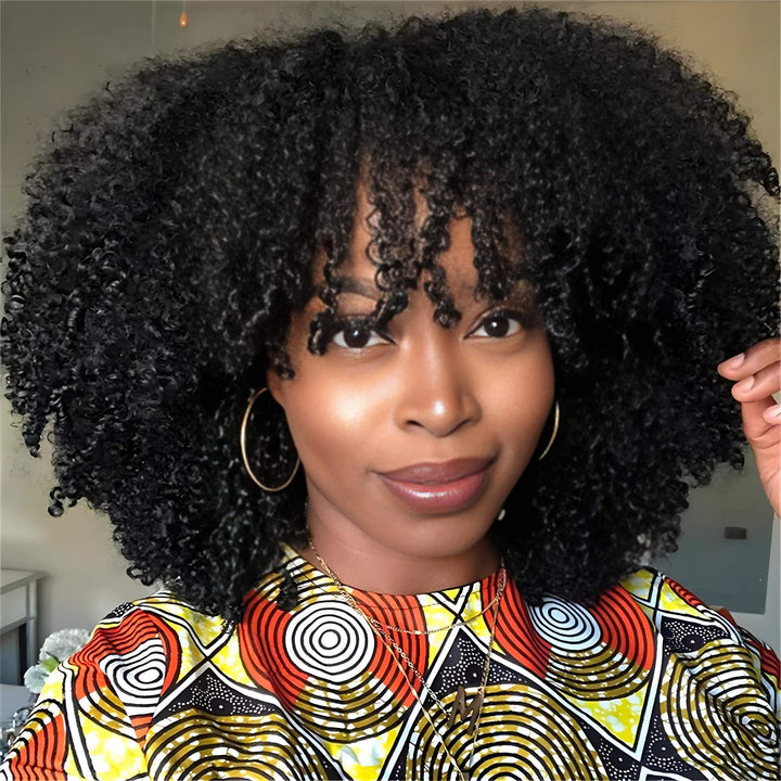 Afro curly V Part wig in natural color shown on model with hoop earrings, natural front view hairstyle.