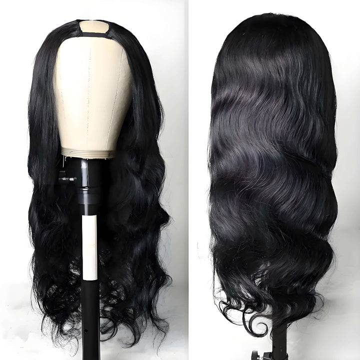 Body wave V Part wig in natural color displayed on mannequin head, showing front view with parting and flowing back waves.