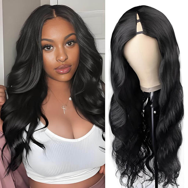 Long body wave V Part wig in natural color with deep waves, displayed on mannequin and worn by model with white top.