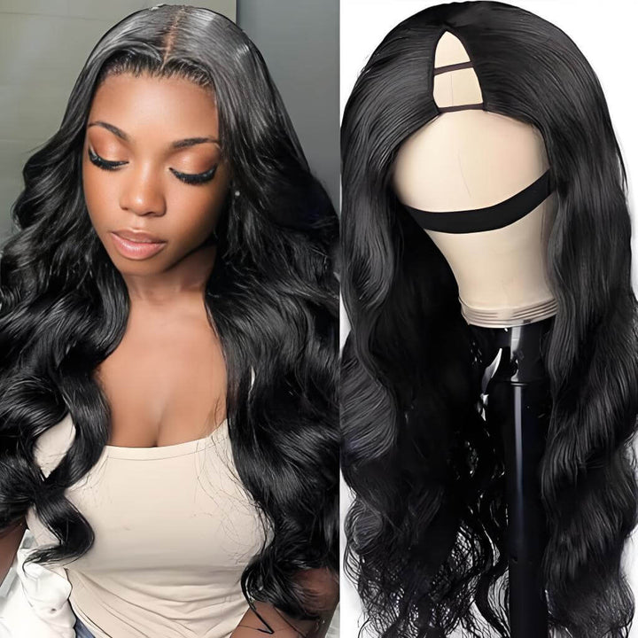 Body wave V Part wig in natural color with realistic middle part shown on model and mannequin, featuring natural shine and curl flow.