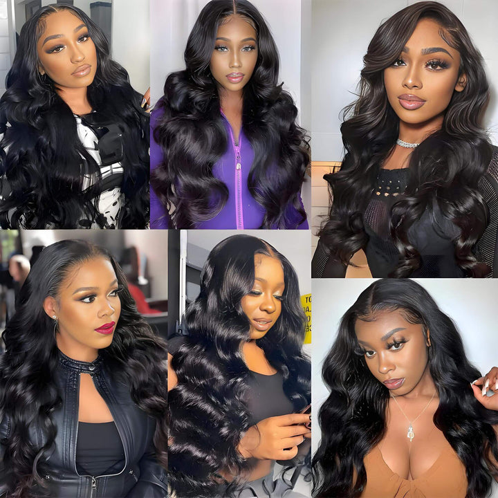Multiple models showcasing natural color body wave V Part wig in various styles and lengths, highlighting volume and shine.