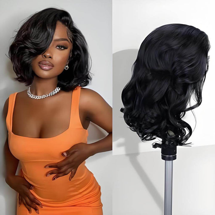 Short bob style body wave V Part wig in natural color shown on model wearing orange dress and mannequin side display.