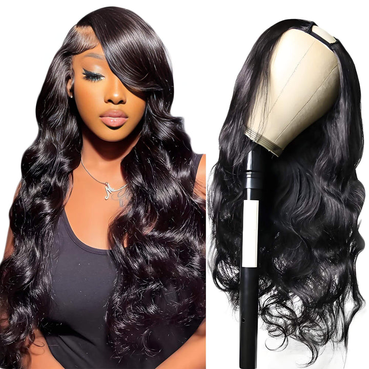 Side-part styled body wave V Part wig in natural color displayed on model and mannequin with soft layered curls.