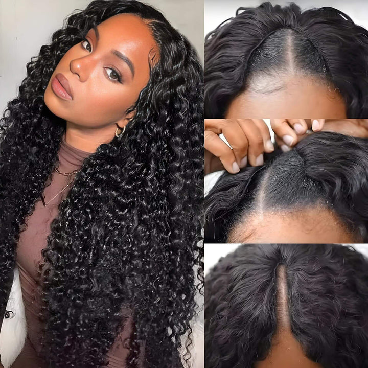 Close-up of V Part wig in natural color deep wave texture, showing easy installation and natural scalp opening.