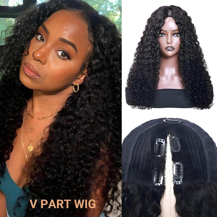 Front display of natural color deep wave V Part wig with mannequin view and detailed cap structure with clips.