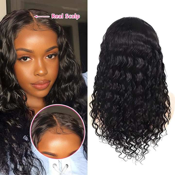 Model wearing V Part wig in natural color deep wave style, showing realistic scalp and defined curl pattern.