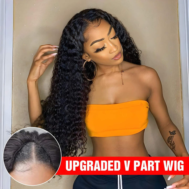 Model wearing upgraded V Part wig in natural color deep wave, showing soft curls and scalp part closeup.