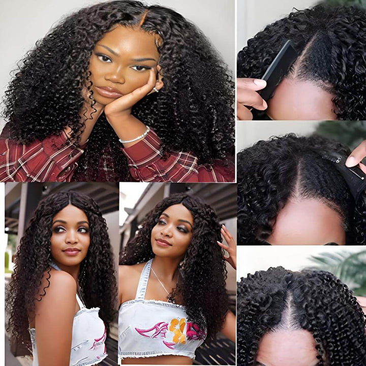 Kinky curly V Part wig in natural color shown with detailed top hairline, side views, and styled on different models.