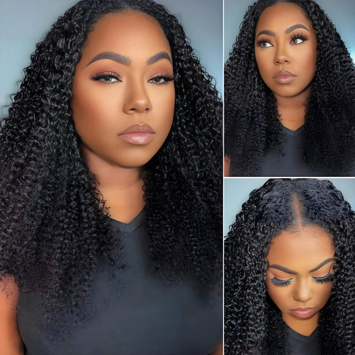 Kinky curly V Part wig in natural color shown on model with close-up front view and natural top parting.