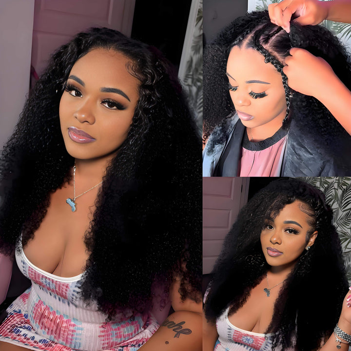 Kinky curly V Part wig in natural color shown on model with installation steps and styled finished look.